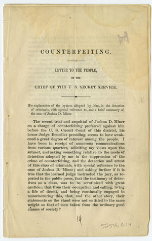 Hiram C. Whitley. Counterfeiting. Letter to the People. [New York, 1872].